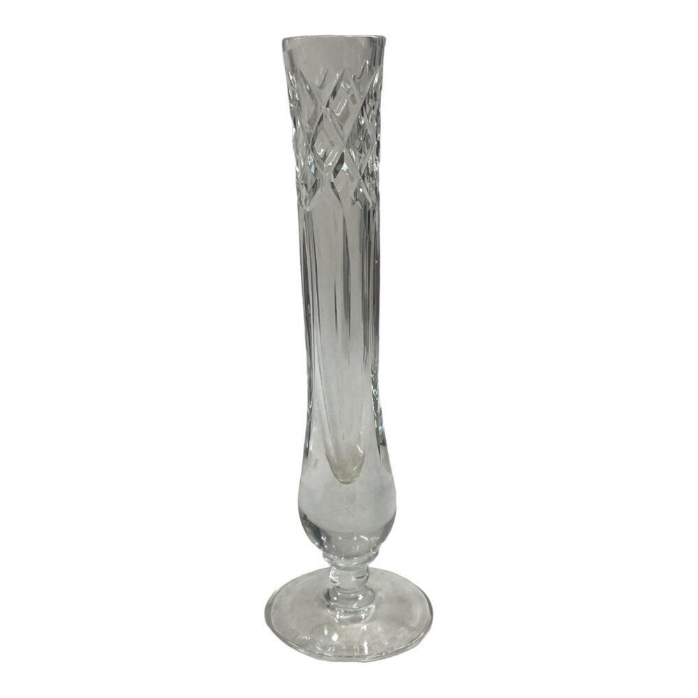 Elegant Crystal Bud Flower Vase 7" Pedestal Diamond Cut Glass At Top Narrow Thin